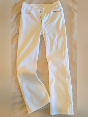 MOTHER The Hustler Ankle Fray Jeans White Size 26 High Rise Raw Hem Cropped Deni
